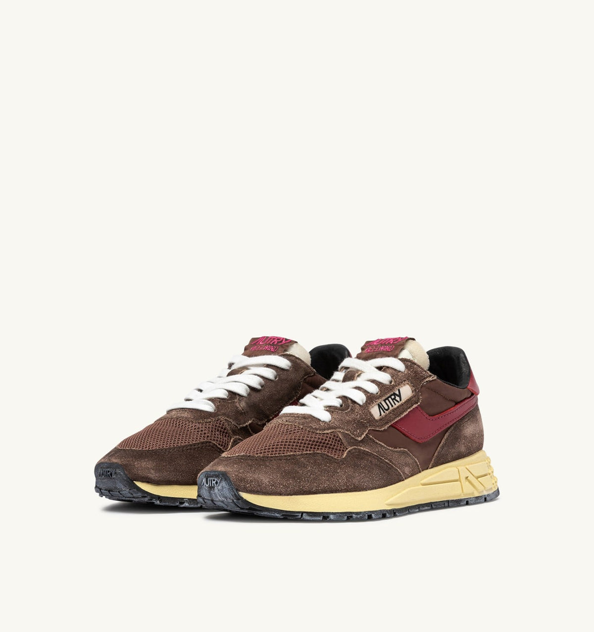 AUTRY Woman REELWIND LOW SNEAKERS IN COFFEE SUGAR AND DEEP CLARET NYLON AND SUEDE