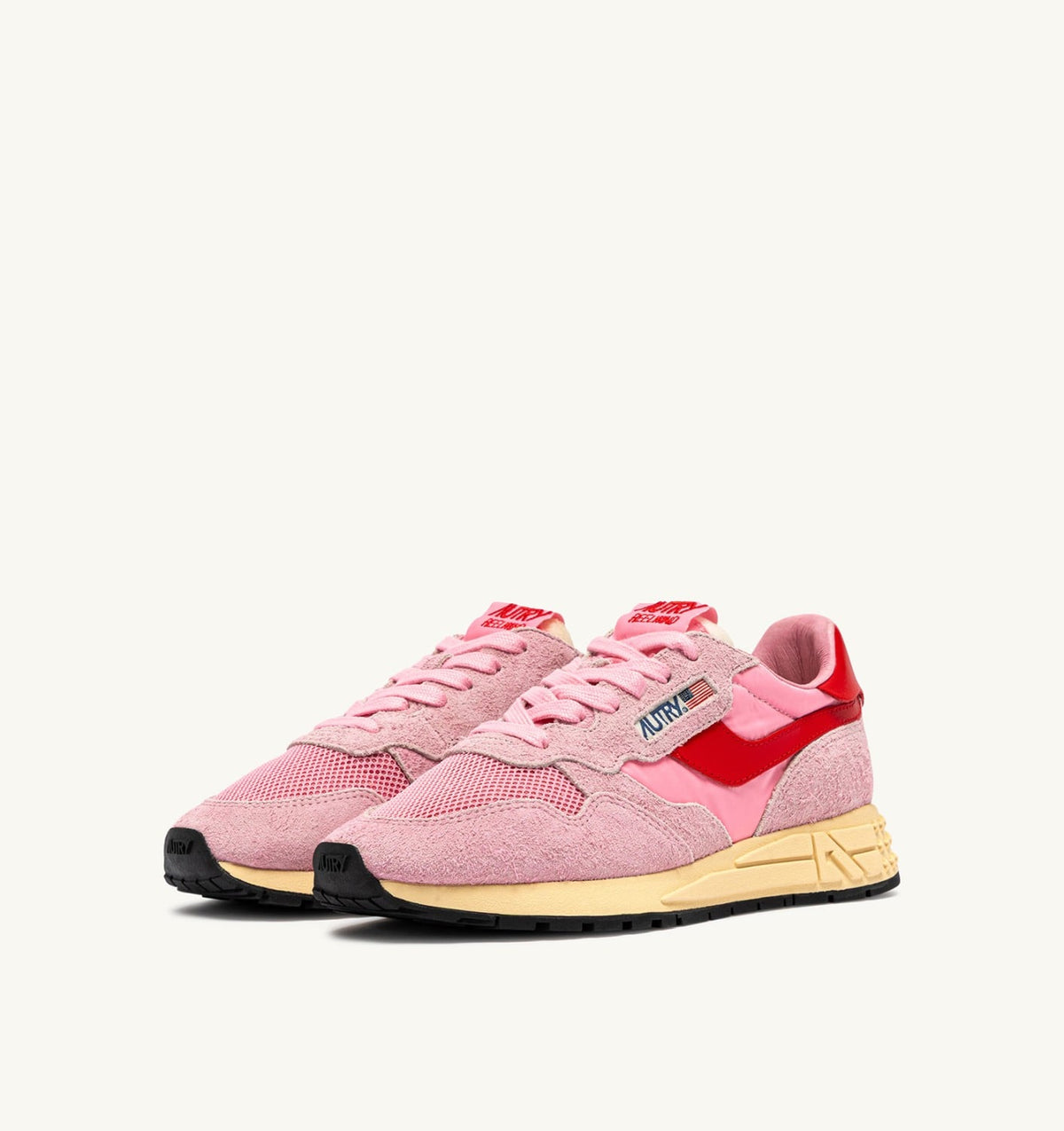 AUTRY Woman REELWIND LOW SNEAKERS IN PINK CHERUB AND FLAME SCARLET NYLON AND SUEDE