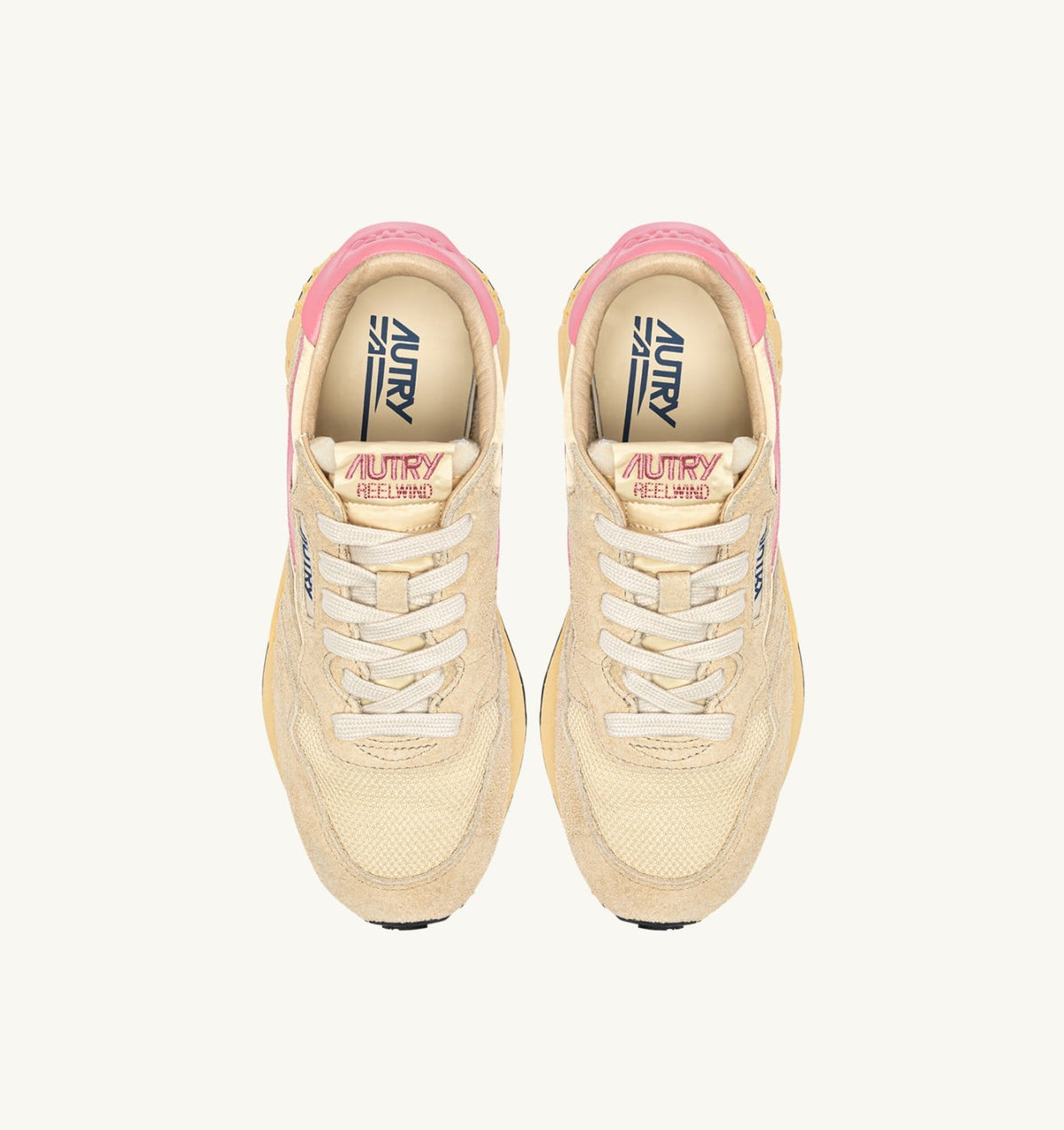AUTRY Woman REELWIND LOW SNEAKERS IN ECRU AND GERANIUM PINK NYLON AND SUEDE