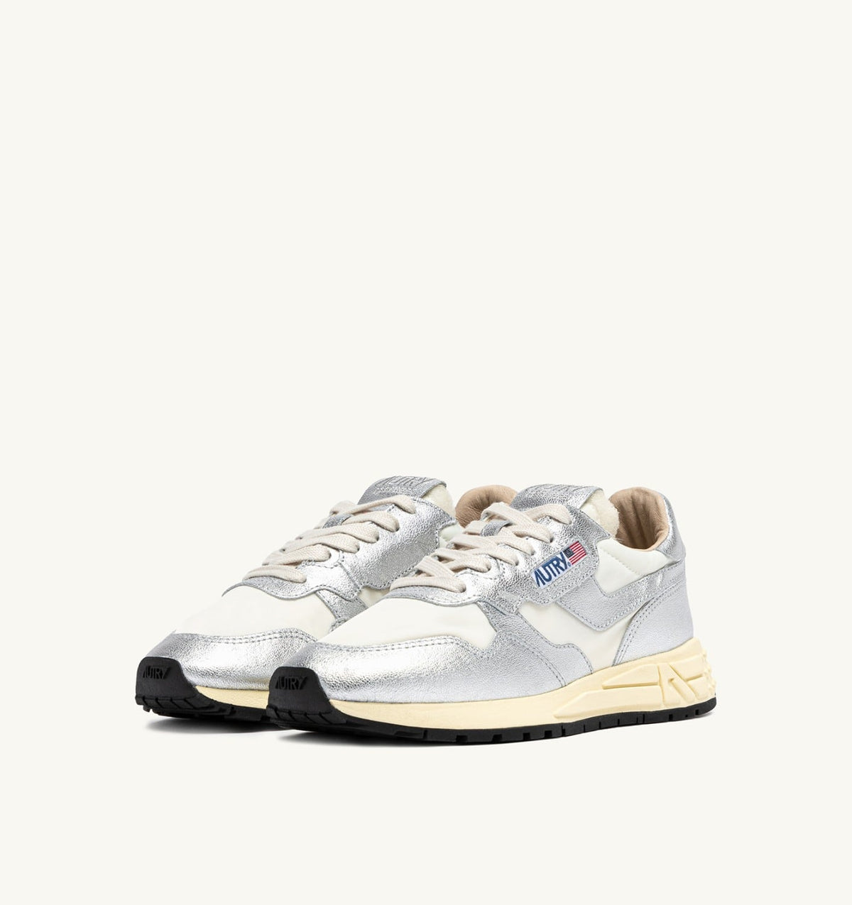 AUTRY Woman REELWIND SNEAKERS IN SILVER-TONE NYLON AND METALIZED LEATHER