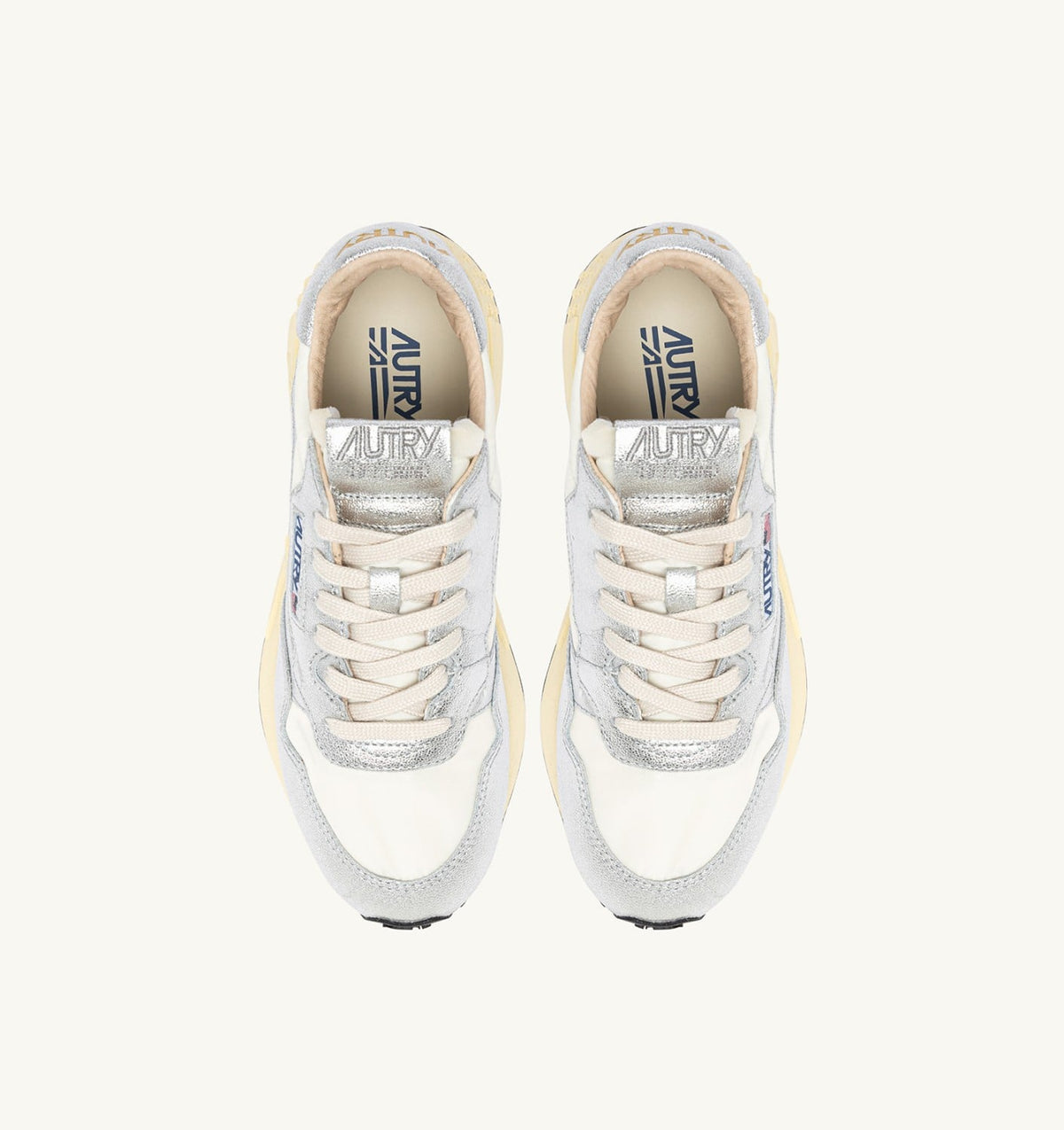 AUTRY Woman REELWIND SNEAKERS IN SILVER-TONE NYLON AND METALIZED LEATHER