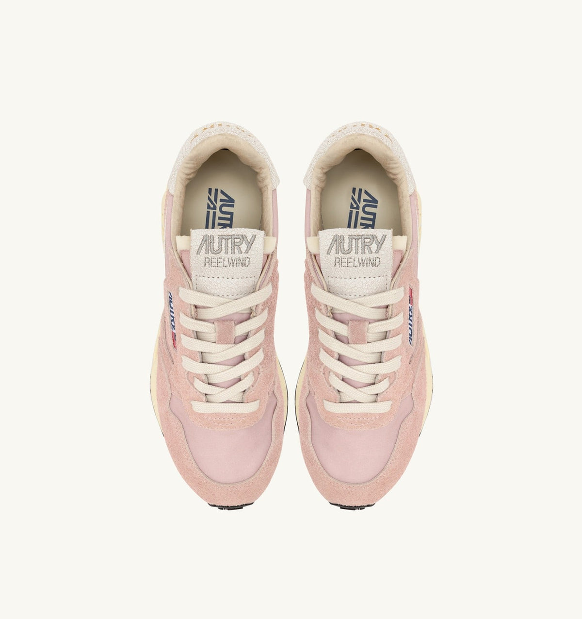 AUTRY Woman REELWIND LOW SNEAKERS IN WHITE AND POWDER PINK NYLON AND SUEDE