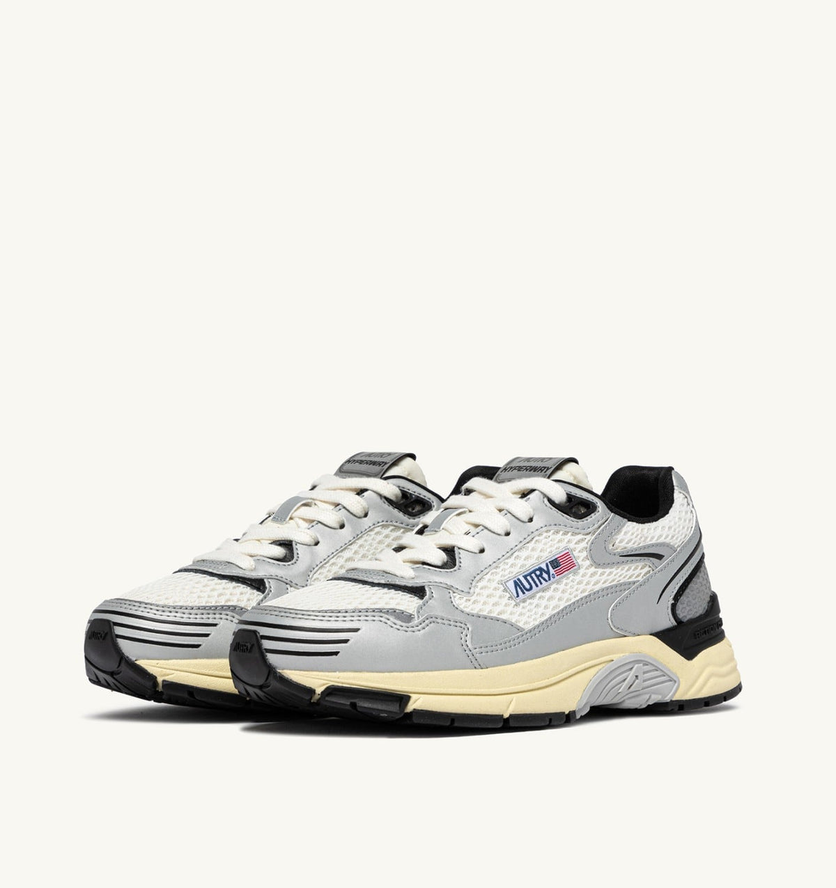 AUTRY Woman HYPERWAY SNEAKERS IN WHITE SILVER AND BLACK SYNTHETIC LEATHER AND MESH