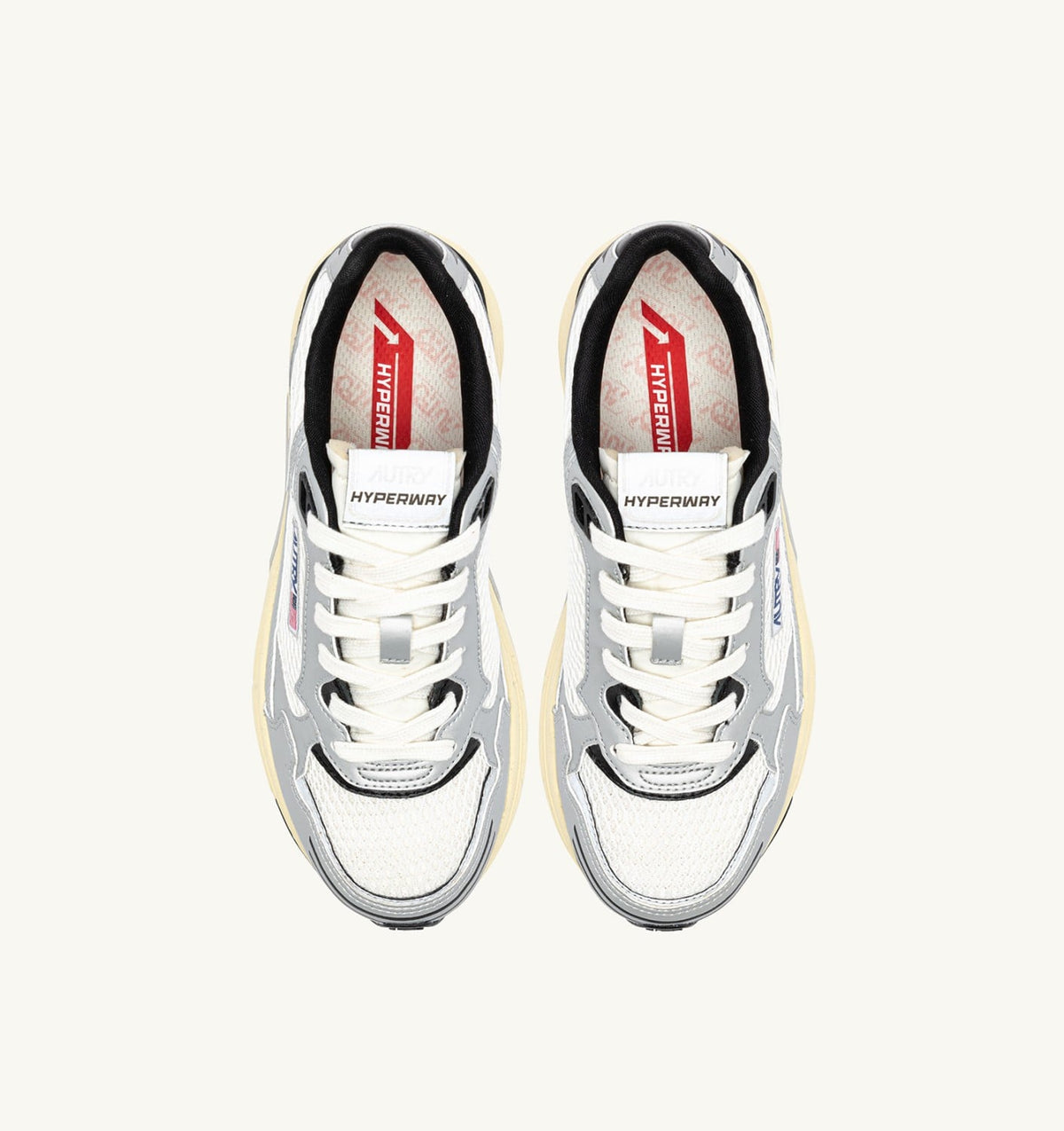 AUTRY Woman HYPERWAY SNEAKERS IN WHITE SILVER AND BLACK SYNTHETIC LEATHER AND MESH