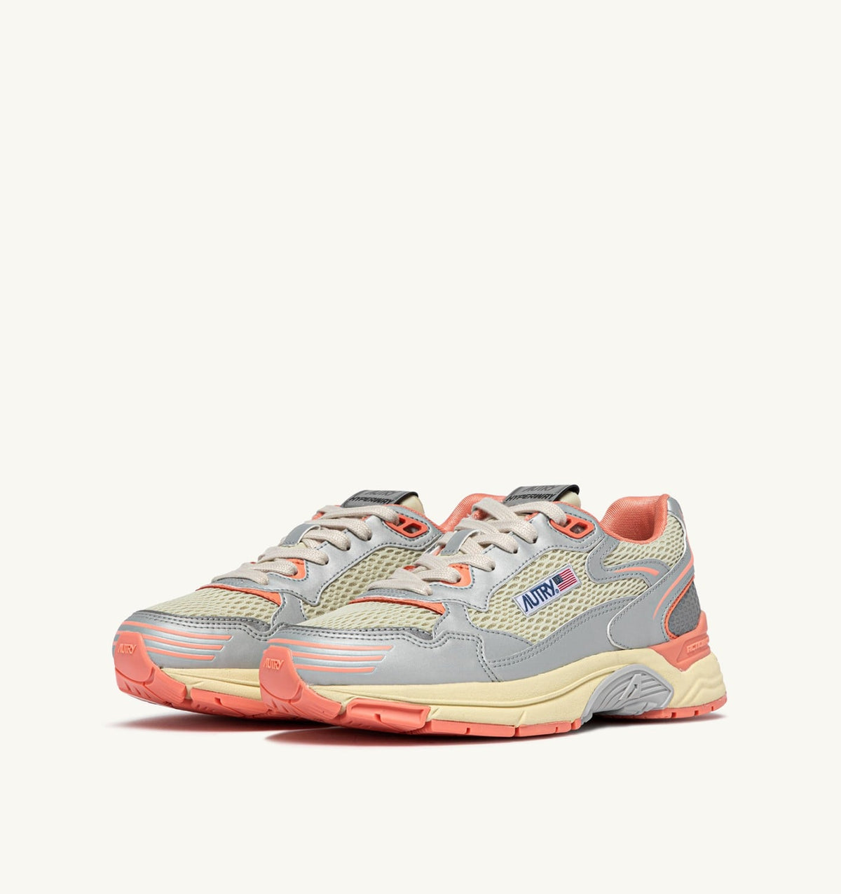 AUTRY Woman HYPERWAY SNEAKERS IN SILVER ASPARAGUS AND PEACH PINK SYNTHETIC LEATHER AND MESH