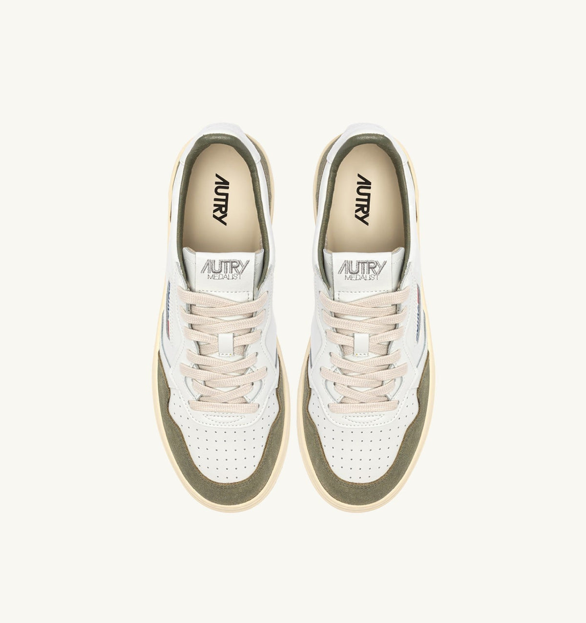 AUTRY Man MEDALIST LOW SNEAKERS IN WHITE LEATHER AND SMOKED GREEN SUEDE