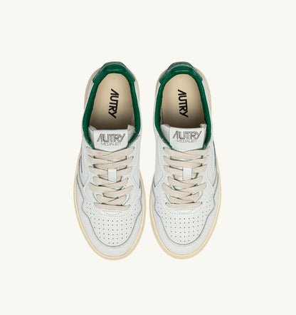 AUTRY Man MEDALIST LOW SNEAKERS IN LEATHER COLOR WHITE AND GREEN JACKET WITH LETTERING