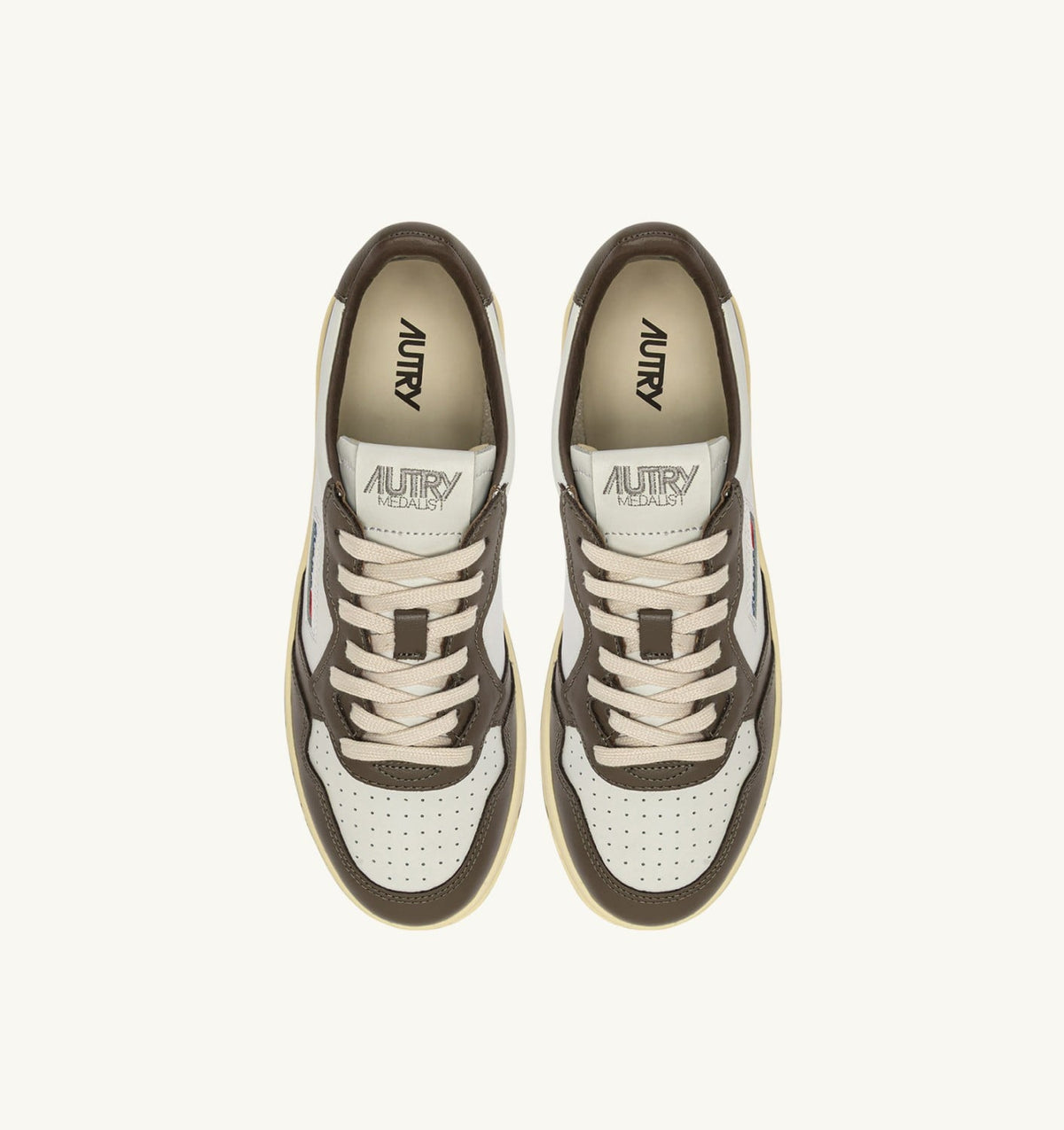 AUTRY Man MEDALIST LOW BICOLOR SNEAKERS IN WHITE AND CHOCOLATE LEATHER