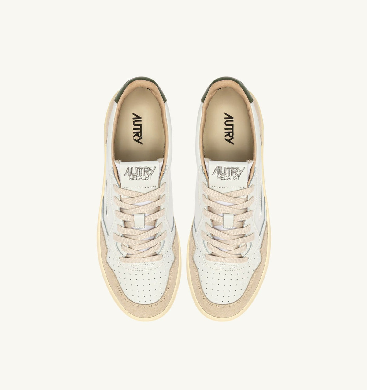 AUTRY Man MEDALIST LOW SNEAKERS IN WHITE LEATHER AND BRONZE GREEN SUEDE