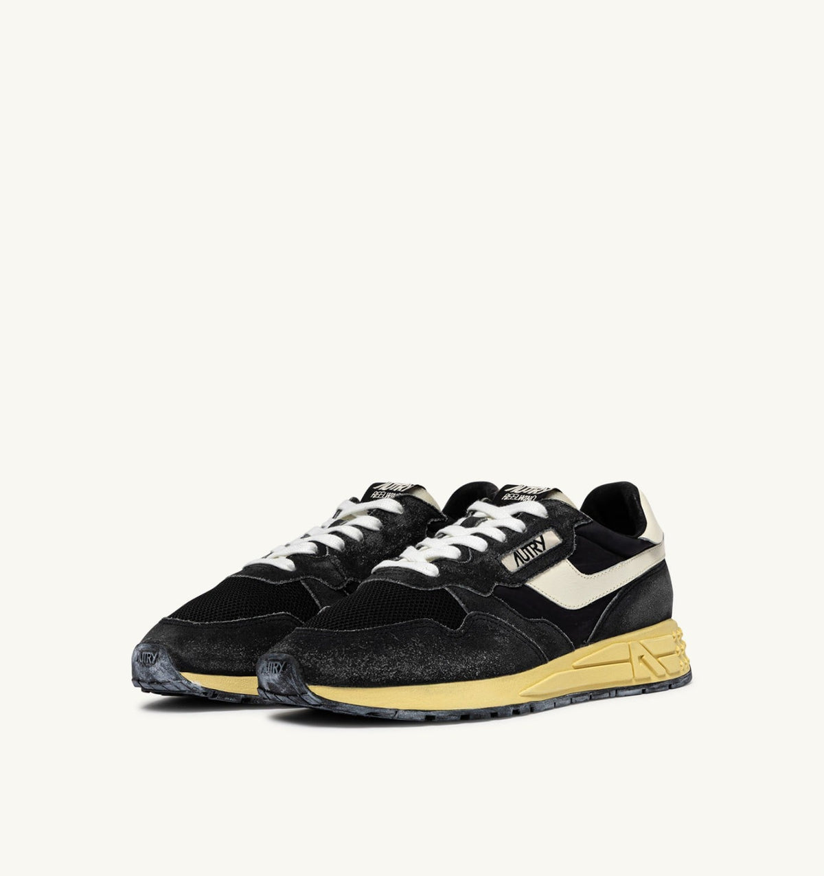AUTRY Man REELWIND LOW SNEAKERS IN BLACK SUGAR AND MARSHMALLOW NYLON AND SUEDE