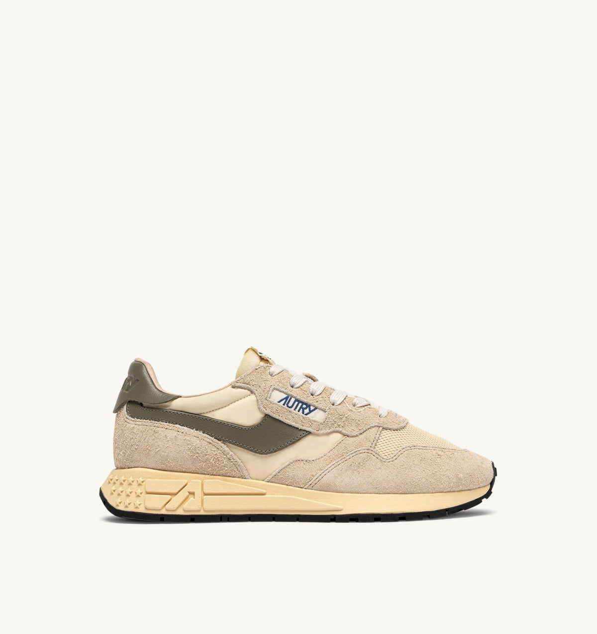 AUTRY Man REELWIND LOW SNEAKERS IN ECRU AND COVERT GREEN NYLON AND SUEDE