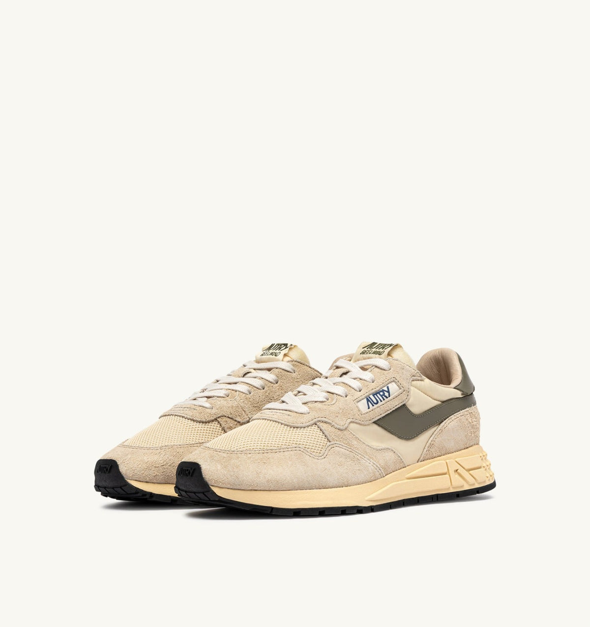 AUTRY Man REELWIND LOW SNEAKERS IN ECRU AND COVERT GREEN NYLON AND SUEDE