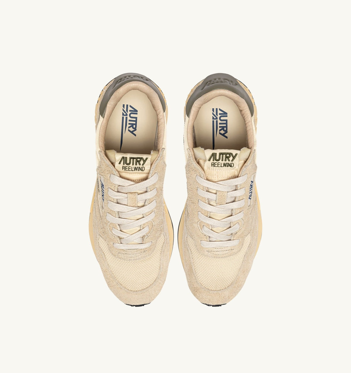 AUTRY Man REELWIND LOW SNEAKERS IN ECRU AND COVERT GREEN NYLON AND SUEDE