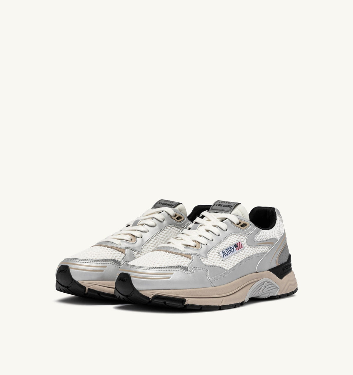 AUTRY Man HYPERWAY SNEAKERS IN SILVER, WHITE AND IRISH CREAM SYNTHETIC LEATHER AND MESH