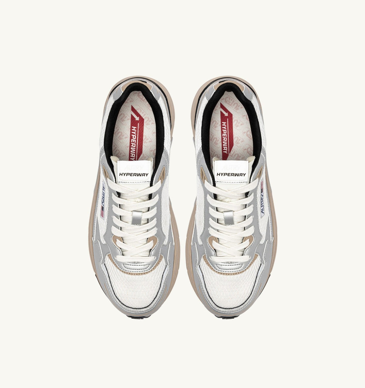 AUTRY Man HYPERWAY SNEAKERS IN SILVER, WHITE AND IRISH CREAM SYNTHETIC LEATHER AND MESH