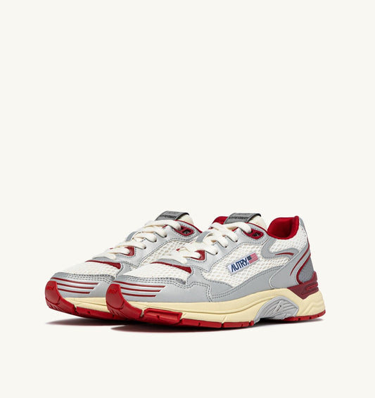 AUTRY Man HYPERWAY SNEAKERS IN WHITE SILVER AND RED SYNTHETIC LEATHER AND MESH