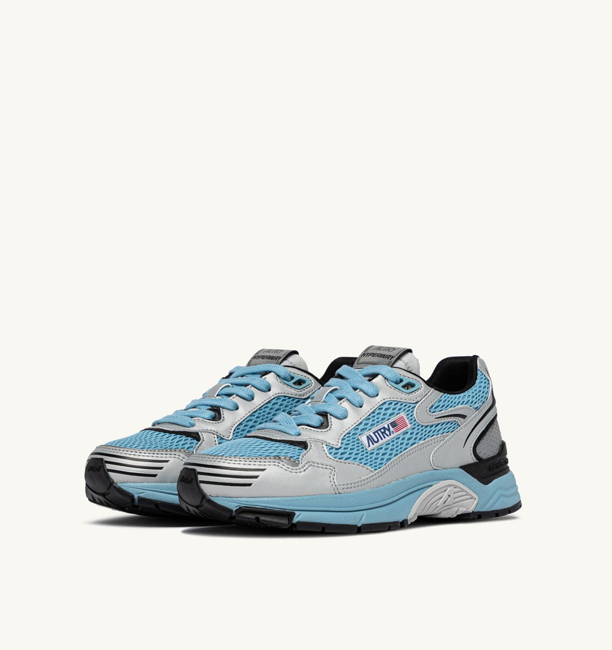 AUTRY Man HYPERWAY SNEAKERS IN SILVER BLACK AND FORGET ME NOT SYNTHETIC LEATHER AND MESH