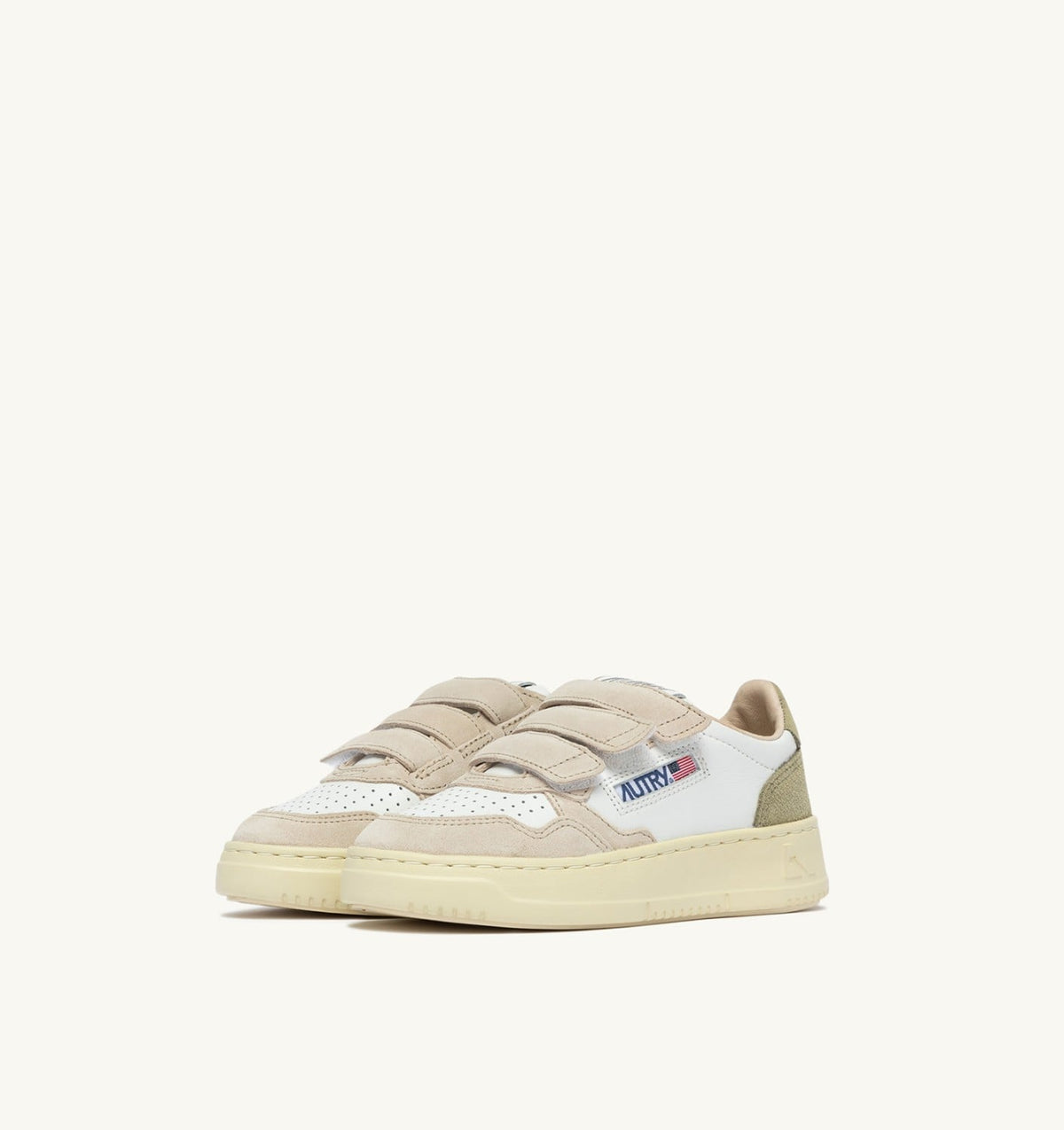 AUTRY Kid MEDALIST KIDSTRIPES SNEAKERS IN WHITE LEATHER AND GREEN AND SAND SUEDE
