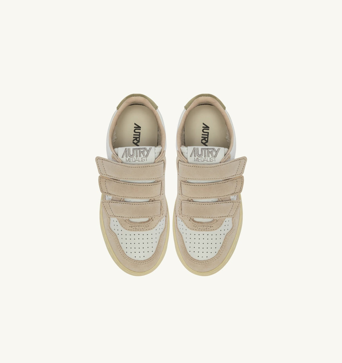 AUTRY Kid MEDALIST KIDSTRIPES SNEAKERS IN WHITE LEATHER AND GREEN AND SAND SUEDE