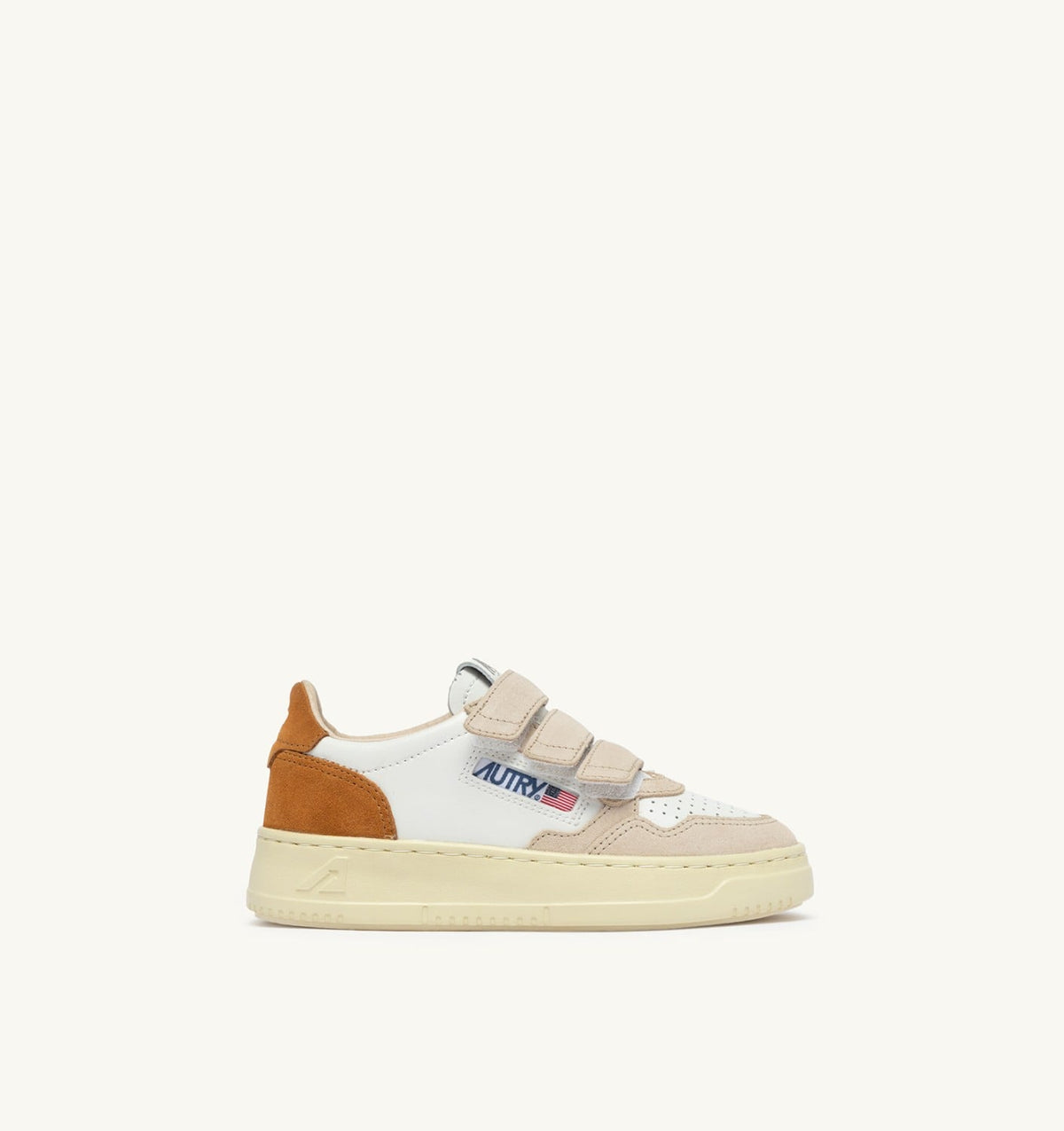 AUTRY Kid MEDALIST KIDSTRIPES SNEAKERS IN WHITE LEATHER AND BROWN MUSCAT AND SAND SUEDE