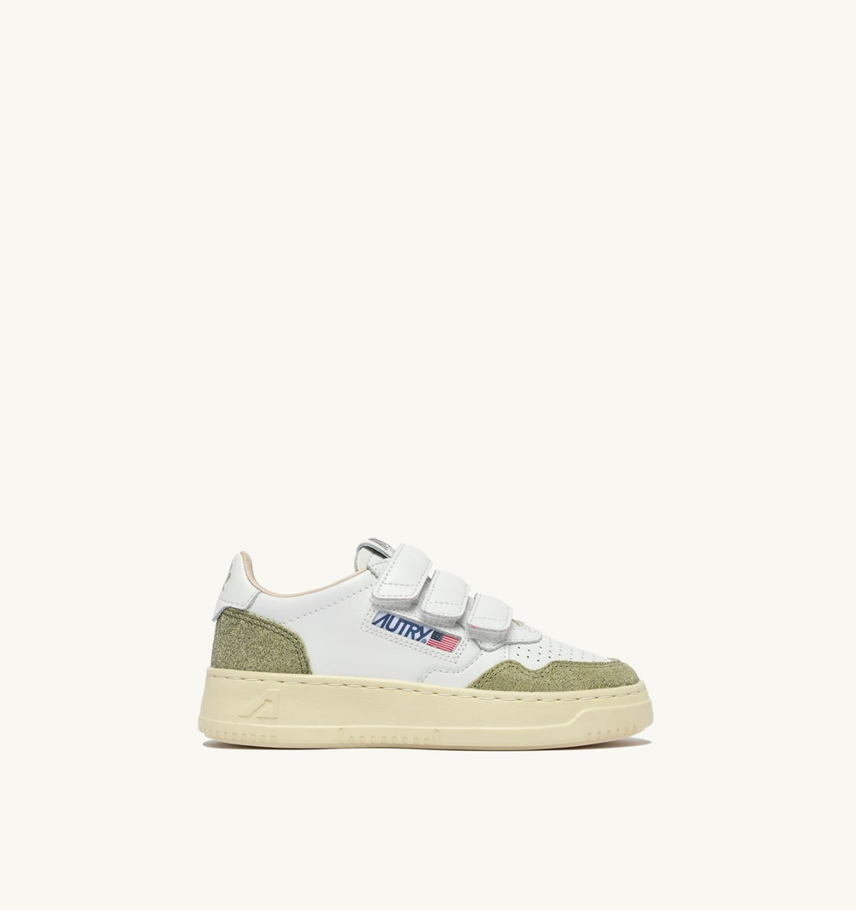 AUTRY Kid MEDALIST KIDSTRIPES SNEAKERS IN WHITE LEATHER AND GLITTER SAGE LEATHER