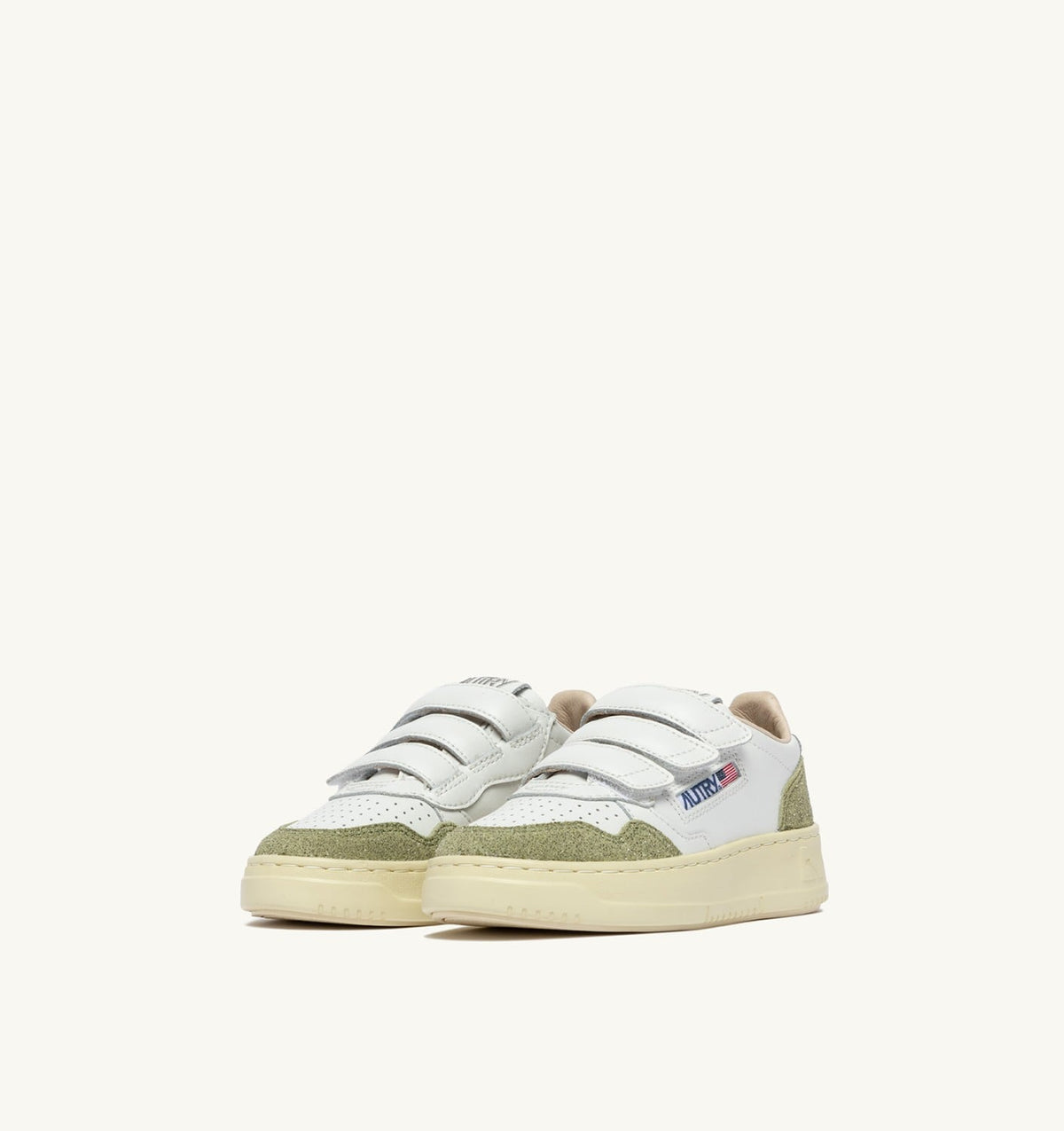 AUTRY Kid MEDALIST KIDSTRIPES SNEAKERS IN WHITE LEATHER AND GLITTER SAGE LEATHER