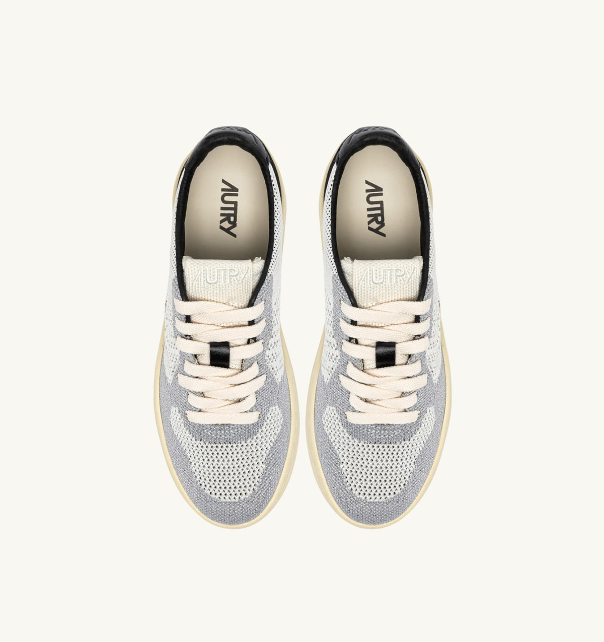 AUTRY Woman MEDALIST EASEKNIT LOW SNEAKERS IN IVORY WHITE BLACK AND SILVER KNIT