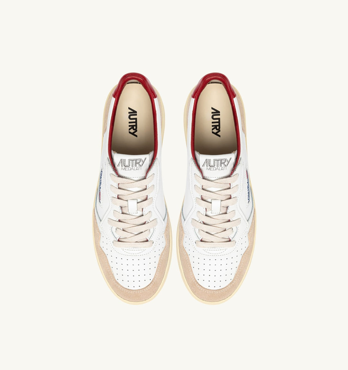 AUTRY Man MEDALIST LOW SNEAKERS IN WHITE AND RED SUEDE AND LEATHER WITH LETTERING