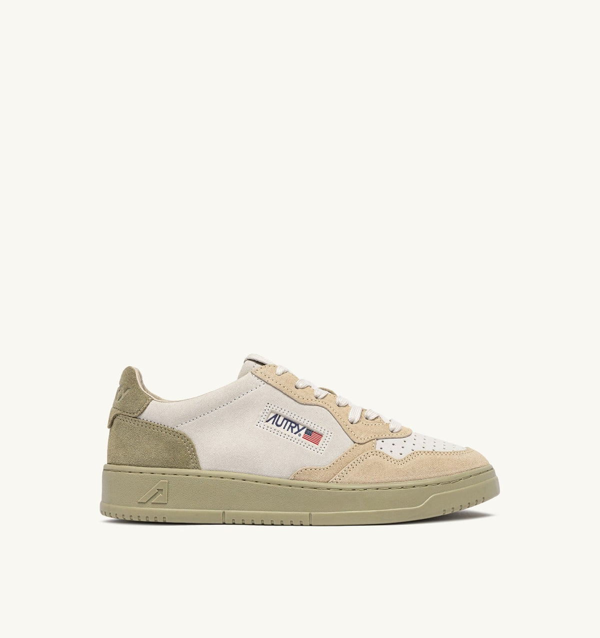 AUTRY Man MEDALIST LOW TRICOLOR SNEAKERS IN SUEDE COLOR WHITE SAND AND GRAY GREEN