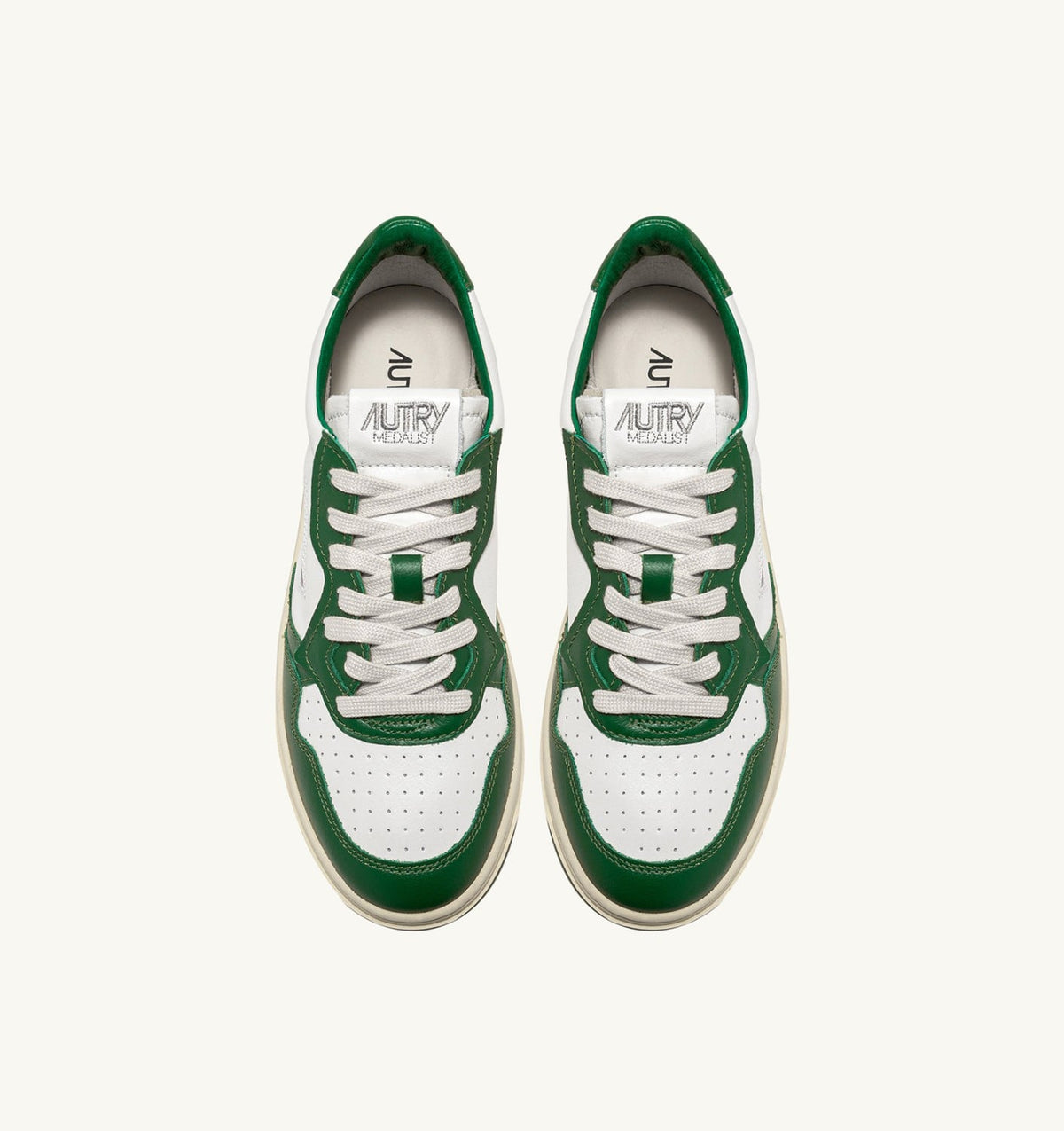 AUTRY Man MEDALIST LOW BICOLOR SNEAKERS IN WHITE AND GREEN LEATHER