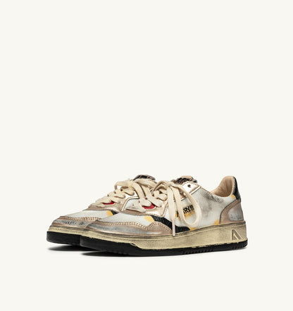 AUTRY Woman MEDALIST LOW SUPER VINTAGE SNEAKERS IN WHITE MESH, GOLD SUEDE AND BLACK LEATHER