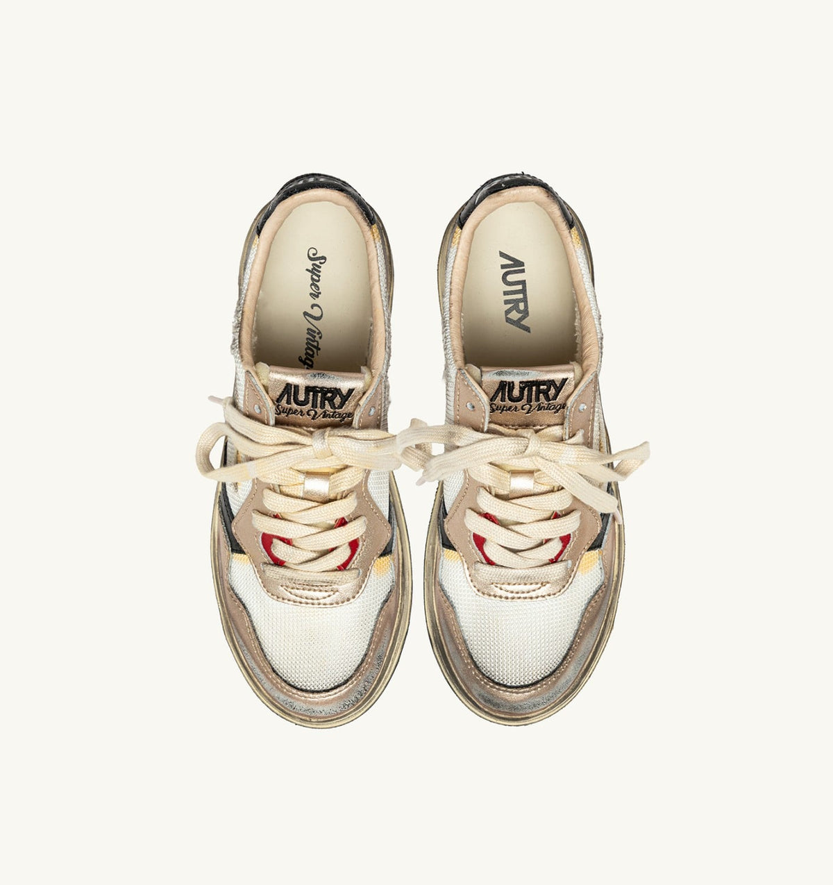 AUTRY Woman MEDALIST LOW SUPER VINTAGE SNEAKERS IN WHITE MESH, GOLD SUEDE AND BLACK LEATHER