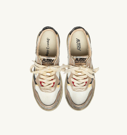AUTRY Woman MEDALIST LOW SUPER VINTAGE SNEAKERS IN WHITE MESH, GOLD SUEDE AND BLACK LEATHER