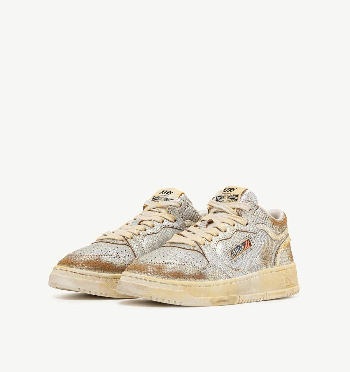 AUTRY Woman MED-WAY SUPER VINTAGE SNEAKERS IN SILVER AND MARSHMALLOW SNAKE-PRINT LEATHER