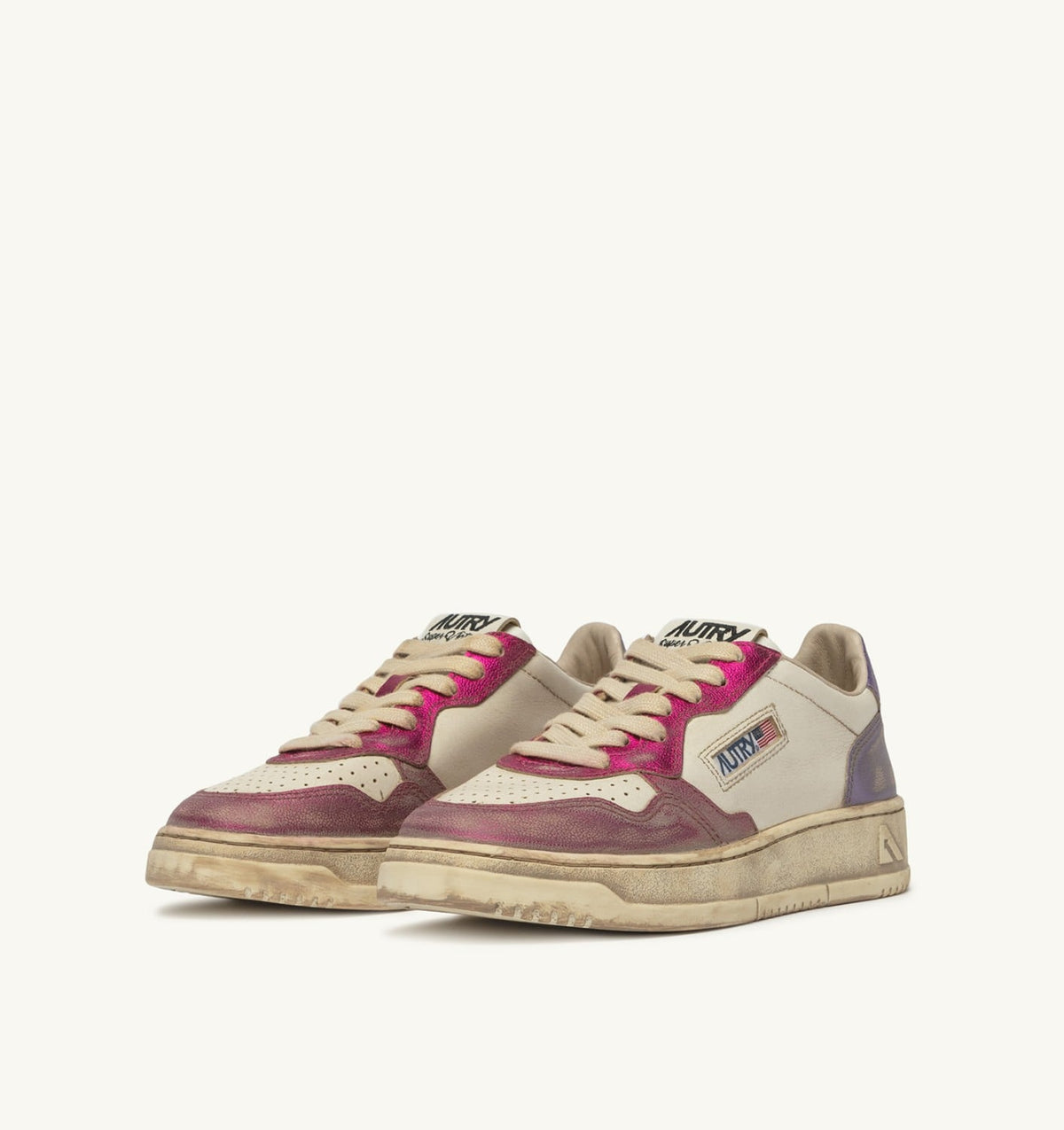 AUTRY Woman MEDALIST LOW SNEAKERS SUPER VINTAGE IN WHITE FUCHSIA AND VIOLET LEATHER