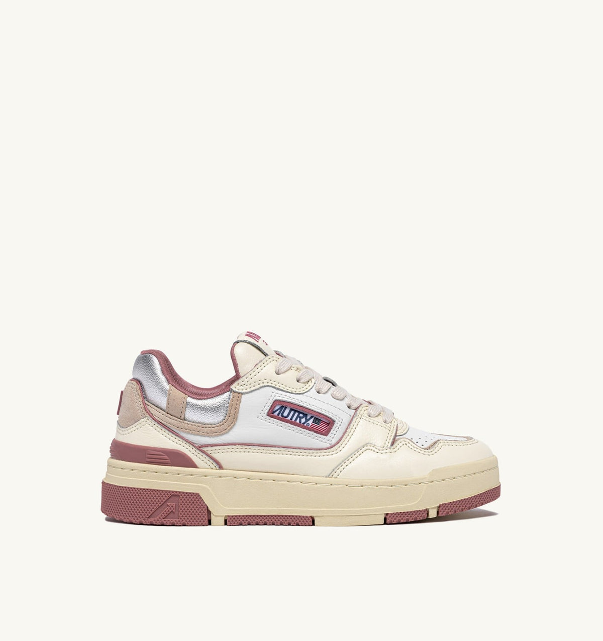 AUTRY Woman CLC LOW SNEAKERS IN WHISPER WHITE ASH ROSE AND SILVER LEATHER