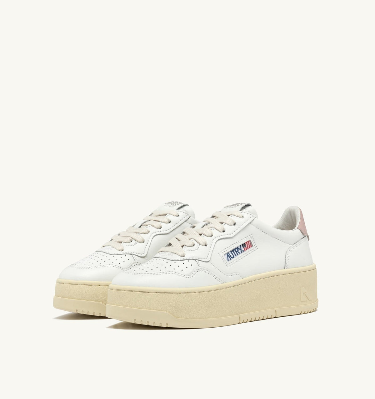 AUTRY Woman MEDALIST PLATFORM SNEAKERS IN WHITE AND POWDER PINK LEATHER