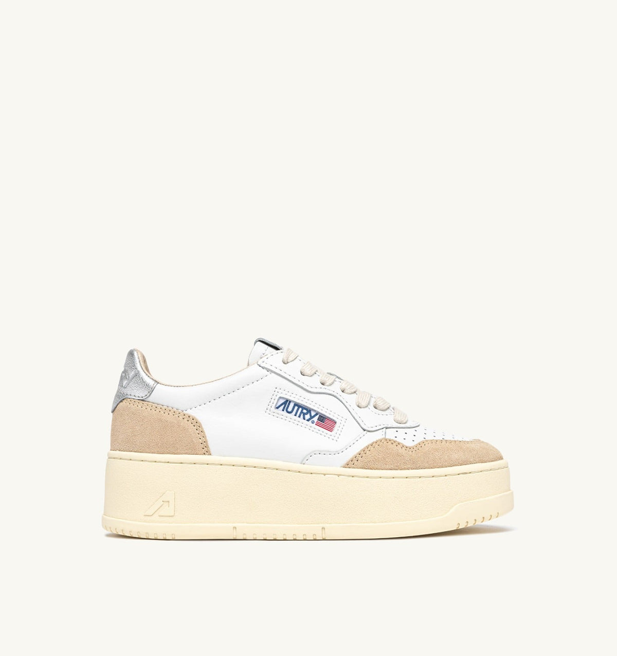 AUTRY Woman MEDALIST PLATFORM SNEAKERS IN SILVER AND WHITE SUEDE AND LEATHER