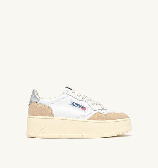 AUTRY Woman MEDALIST PLATFORM SNEAKERS IN SILVER AND WHITE SUEDE AND LEATHER