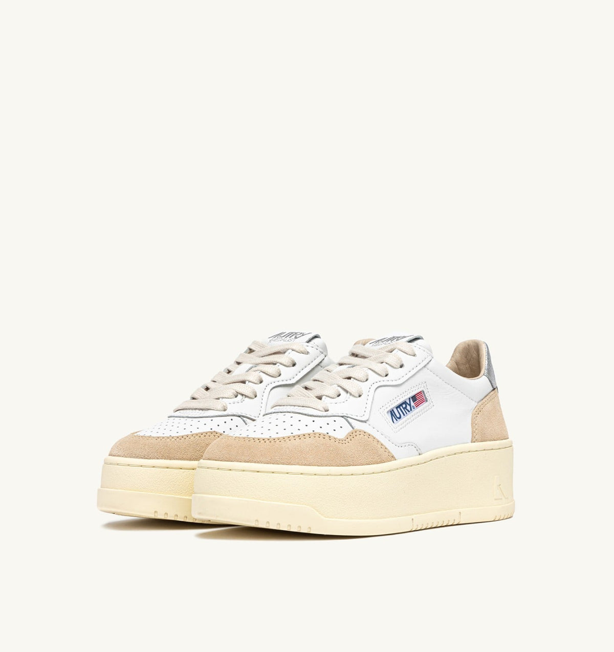 AUTRY Woman MEDALIST PLATFORM SNEAKERS IN SILVER AND WHITE SUEDE AND LEATHER