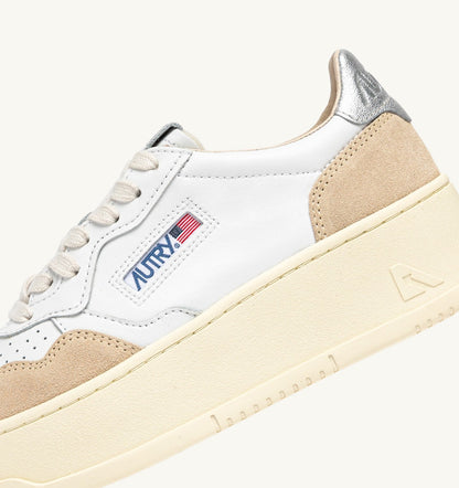 AUTRY Woman MEDALIST PLATFORM SNEAKERS IN SILVER AND WHITE SUEDE AND LEATHER