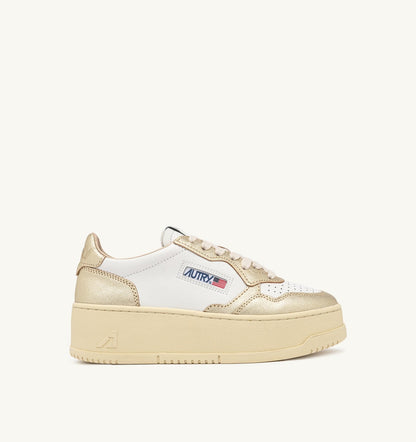 AUTRY Woman MEDALIST PLATFORM SNEAKERS IN WHITE AND METALIZED PLATINUM LEATHER