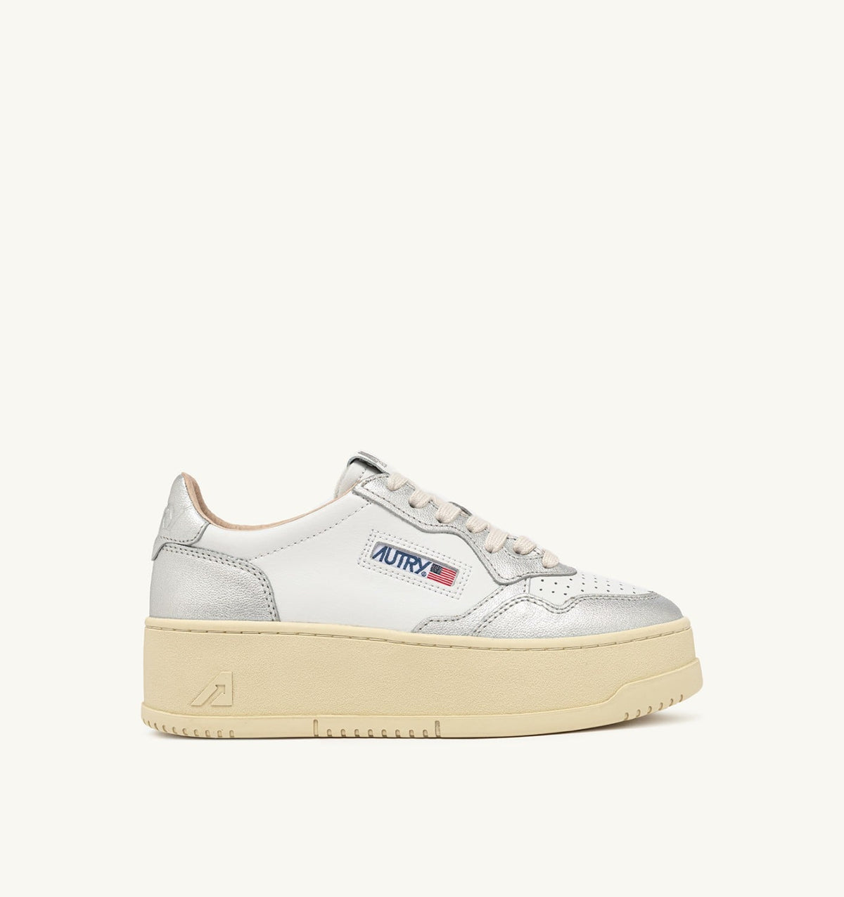 AUTRY Woman MEDALIST PLATFORM SNEAKERS IN WHITE AND METALIZED SILVER LEATHER