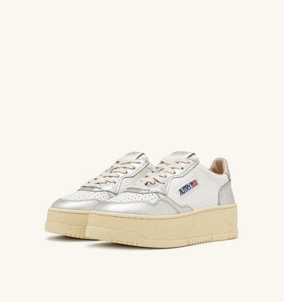 AUTRY Woman MEDALIST PLATFORM SNEAKERS IN WHITE AND METALIZED SILVER LEATHER
